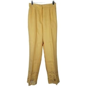 JSong Linen Eyelet Hem Full Length Pants Size 10 Fully Lined Yellow Pockets Zip
